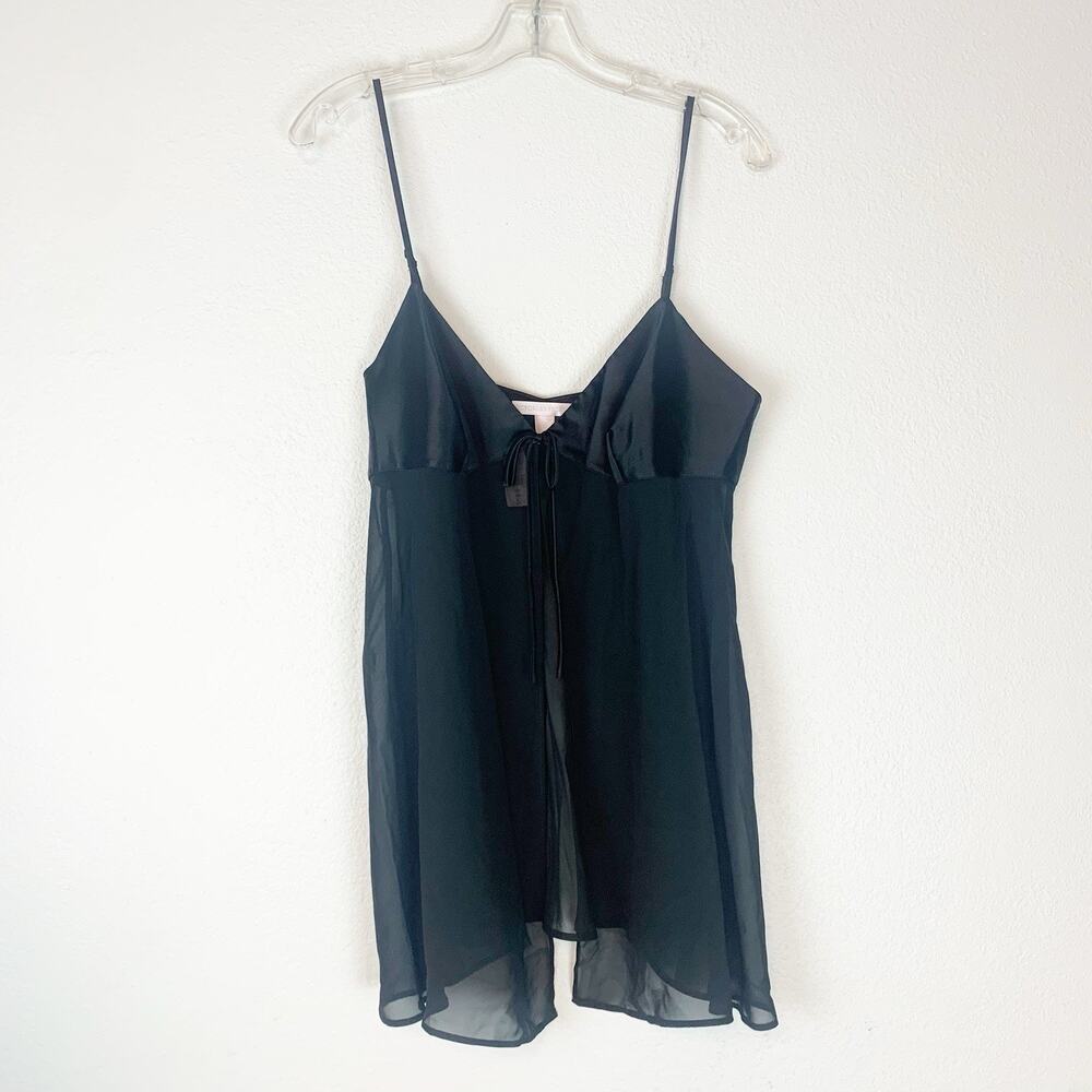 Victoria's Secret Babydoll Lingerie Womens L Black Vintage 90s Sheer Satin‎ 2884